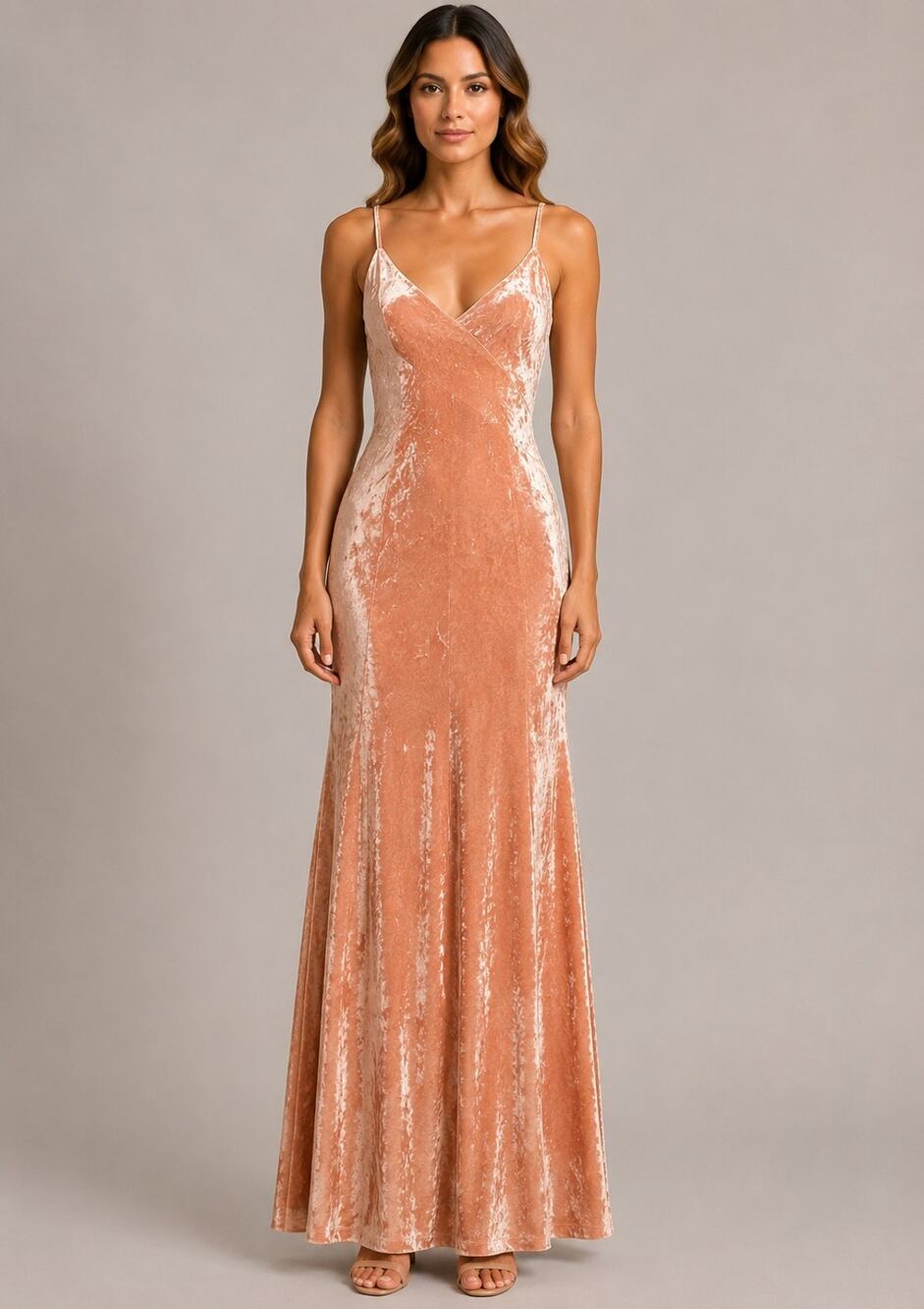 Fraiche by J Peach Crushed Velvet Maxi Evening Gown Size Small